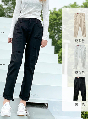 韩国howluk宽松高腰直筒显瘦bf锥形裤秋季新款弹力牛仔长裤子