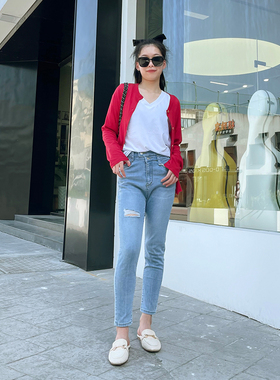 韩国HOWLUK松紧高腰破洞小脚牛仔裤女春季新款弹力显瘦铅笔裤