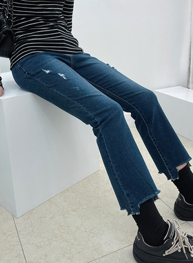 韩国howluk深蓝色棉弹牛仔布直筒显瘦九分裤牛仔裤女秋季新款