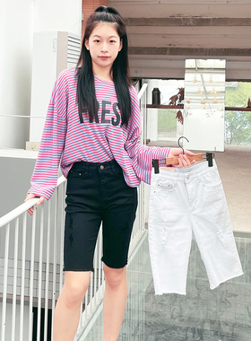 韩国howluk弹力高腰破洞修身五分牛仔短裤女夏季新款显瘦百搭