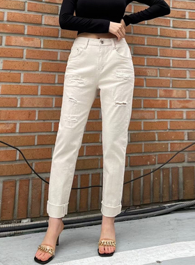 春季新款破洞九分裤韩国howluk纯色高腰卷边直筒牛仔裤女宽松