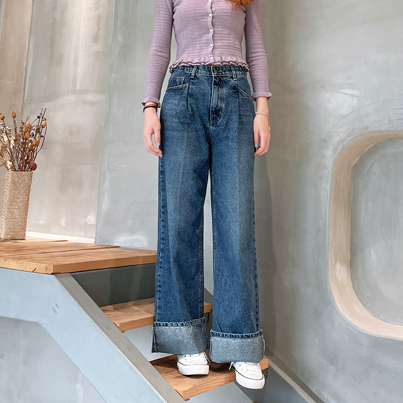 韩国howluk高腰卷边阔腿拖地牛仔裤女秋季新款宽松直筒长裤子