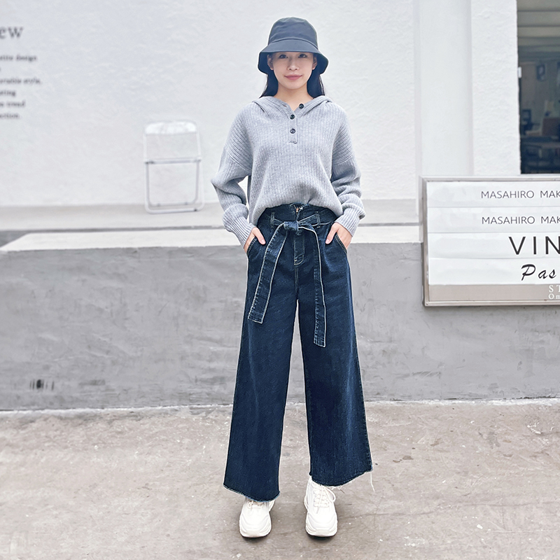 宽松高腰大直筒牛仔裤女