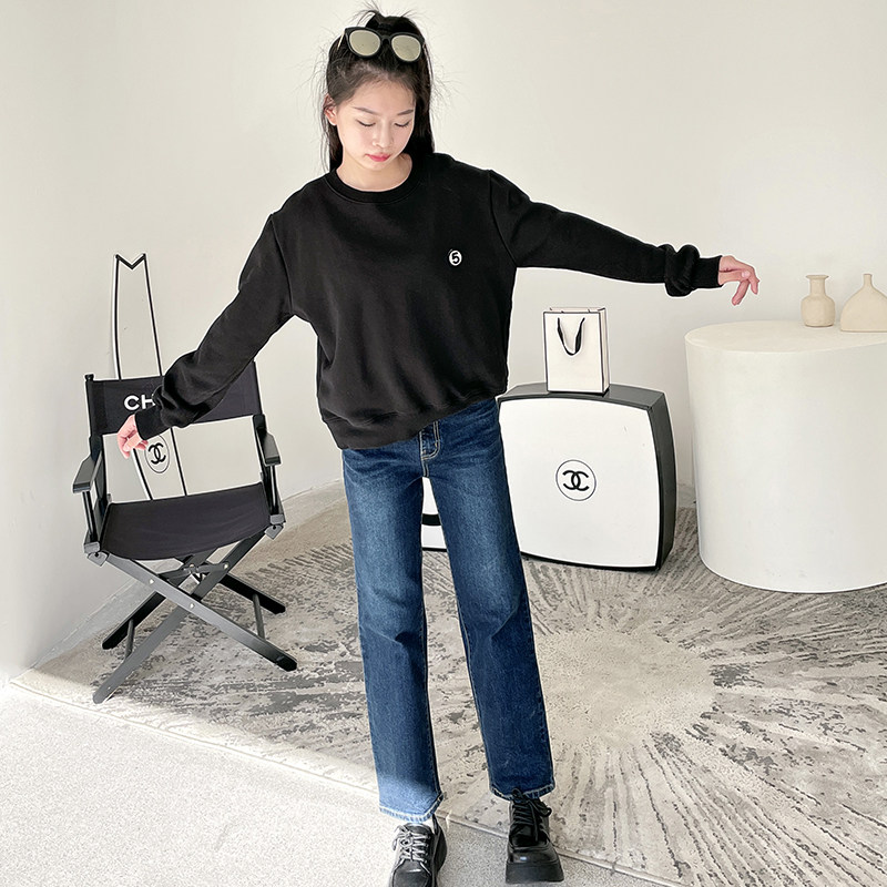 高腰加绒大直筒牛仔裤女