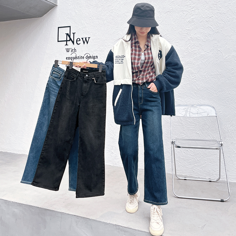 加绒高腰大直筒牛仔裤女