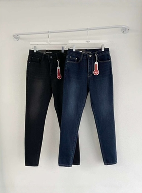 韩国howluk松紧腰高腰弹力加绒保暖显瘦小脚牛仔裤女2025冬季新款