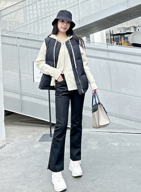 韩国howluk中高腰复古深蓝弹力加绒微喇叭牛仔裤子女冬季新款