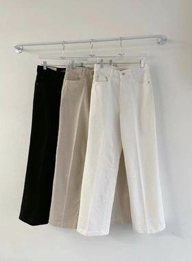 韩国howluk高腰松紧腰弹力加绒阔腿直筒纯色牛仔裤女2024冬季新款