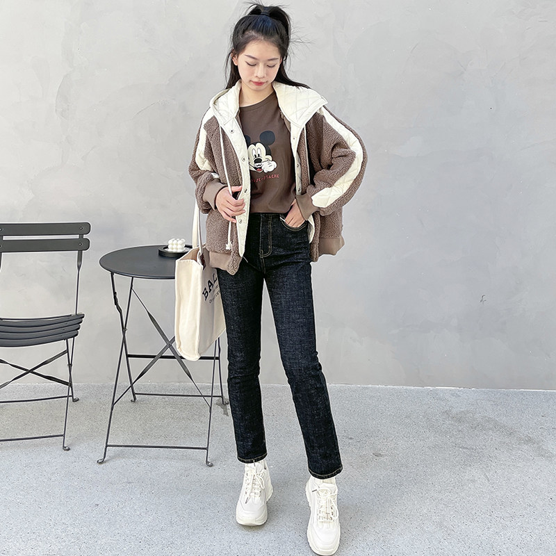 冬季新款高腰加绒直筒牛仔裤女