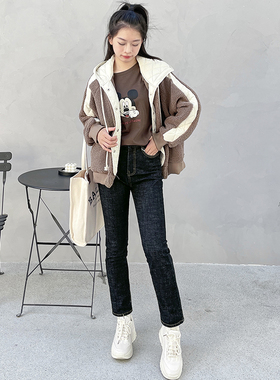 冬季新款高腰加绒直筒牛仔裤女韩国howluk复古牛仔蓝保暖长裤