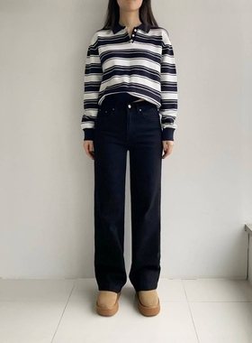 韩国howluk高腰松紧腰黑色加绒弹力阔腿直筒牛仔裤女2025冬季新款