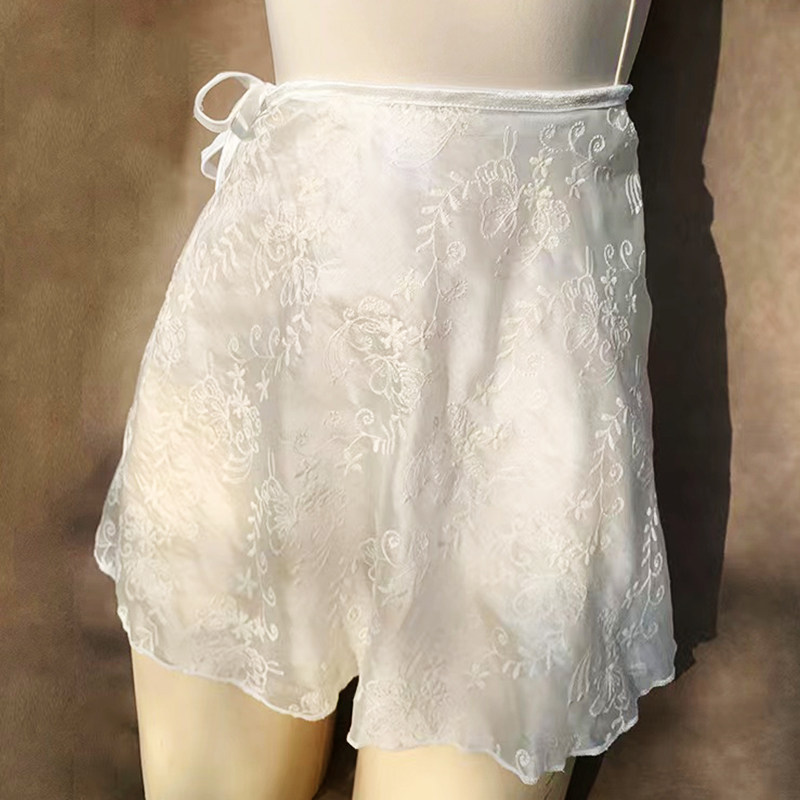 芭蕾舞蹈裙纱裙半身裙女一片式裙白色大成人天丝刺绣系带网纱短裙