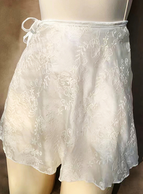 芭蕾舞蹈裙纱裙半身裙女一片式裙白色大成人天丝刺绣系带网纱短裙