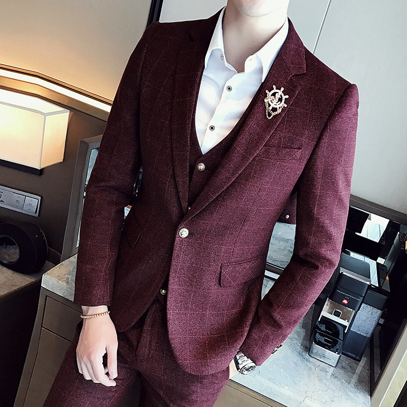新款男士韩版新郎西服套装修身商务西装三件套XY16婚礼纯色图片