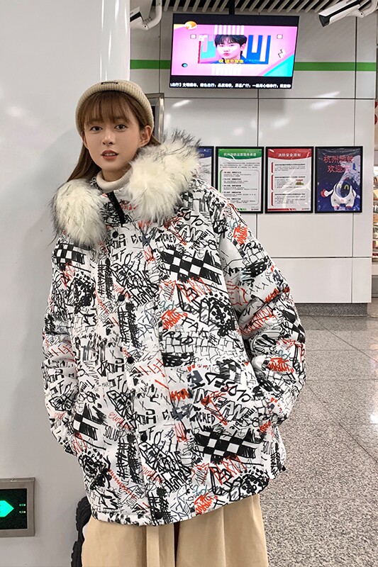 新款港风情侣装冬装加厚棉衣大码宽松连帽大毛领外套保暖棉服,男装棉衣,星座507-2（原305A）
