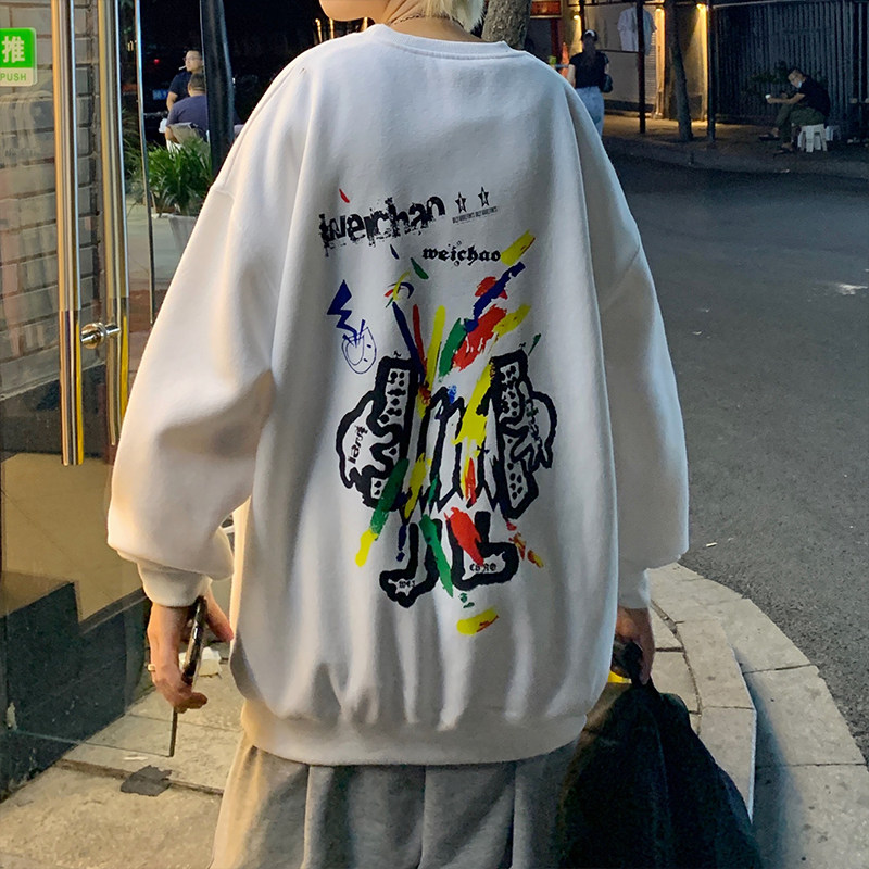 港风涂鸦印花圆领情侣男士宽松套头加绒卫衣男305AW402-P30,女装卫衣/绒衫,星座507-2（原305A）