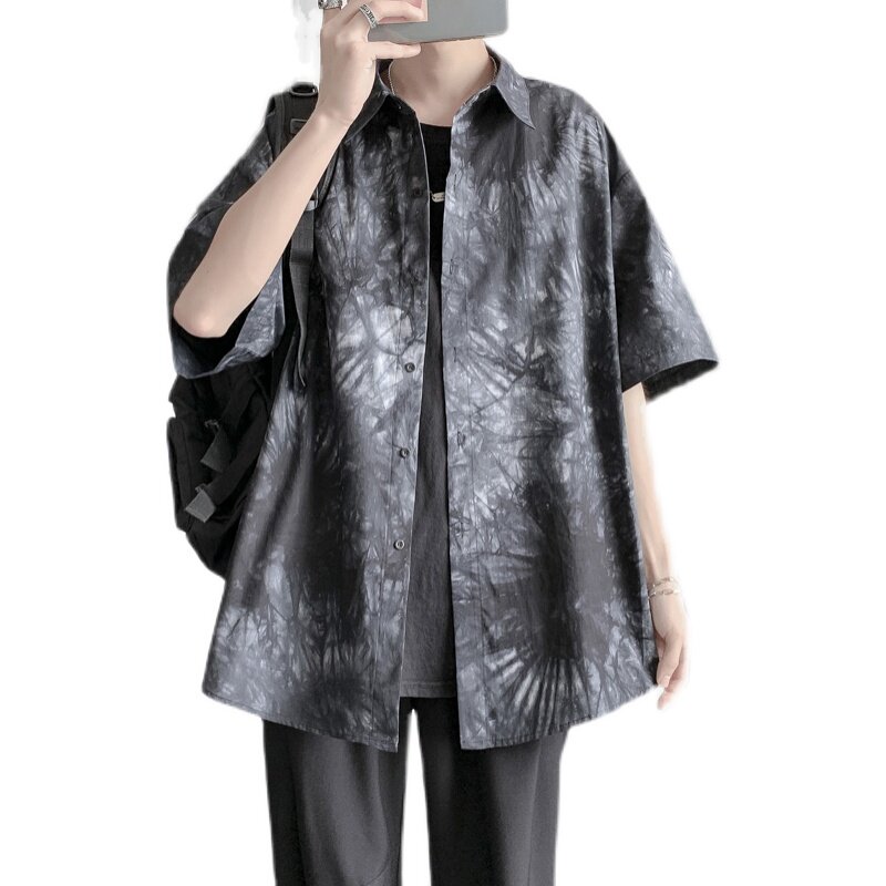305A/C201港风夏季帅痞碎花宽松五分袖寸衫男潮牌轧染纯棉衬衣,男装衬衫,星座507-2（原305A）