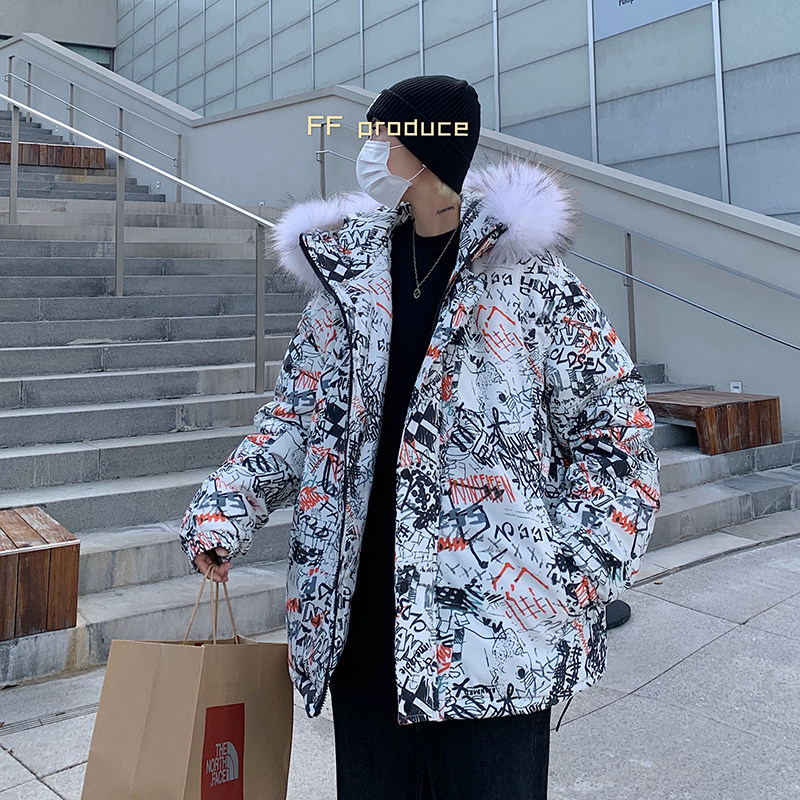 冬男生宽松印花潮牌加厚连帽棉衣外套棉袄305A-M2023图片