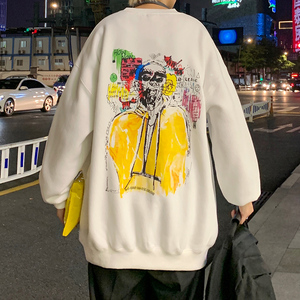 加绒动漫秋冬新款港风潮流男宽松印花休闲圆领卫衣外套W403图片
