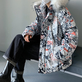 冬新款设计宽松印花图案连帽毛领中长款中性棉衣M2023，男装棉衣，星座507-2（原305A）