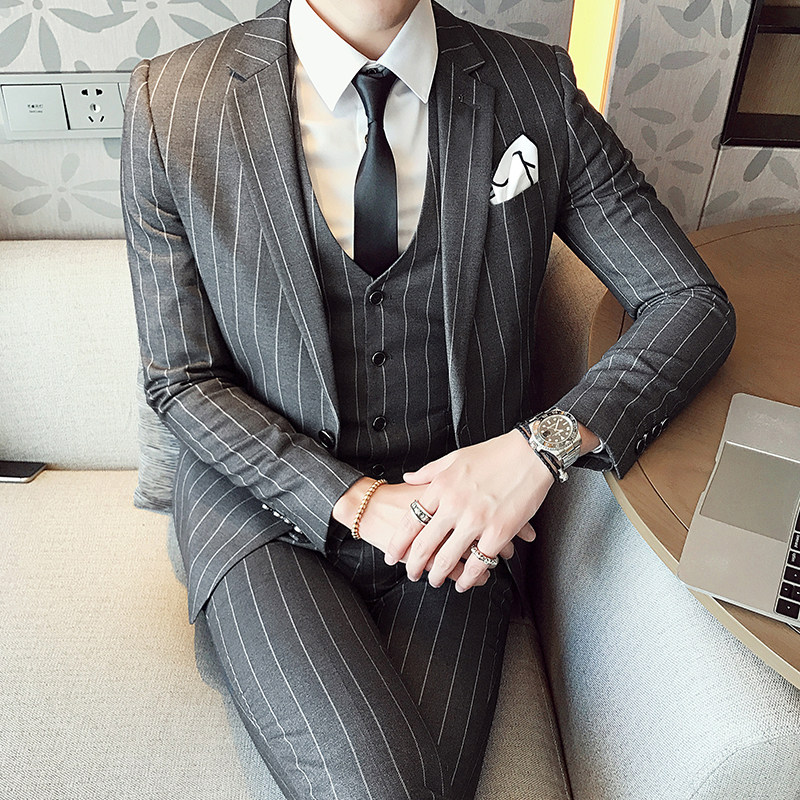 青年礼服单排扣绅士英伦潮流条纹西服套装三件套男韩XF20P265商务,男装西服套装,星座507-2（原305A）