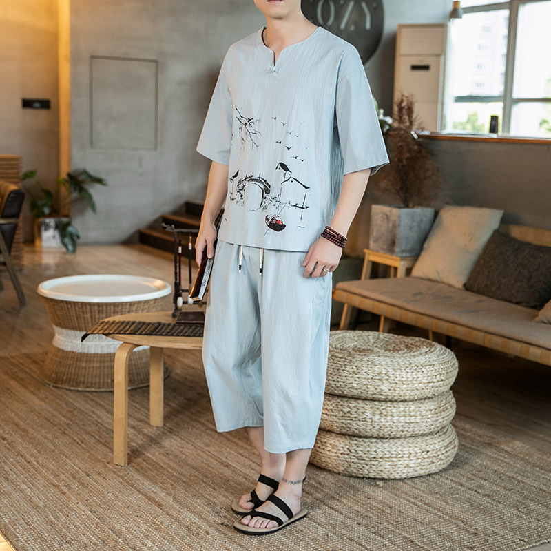 2022年短袖T恤亚麻灯笼裤两件套男风新款印花K837/P70,男装休闲套装,星座507-2（原305A）