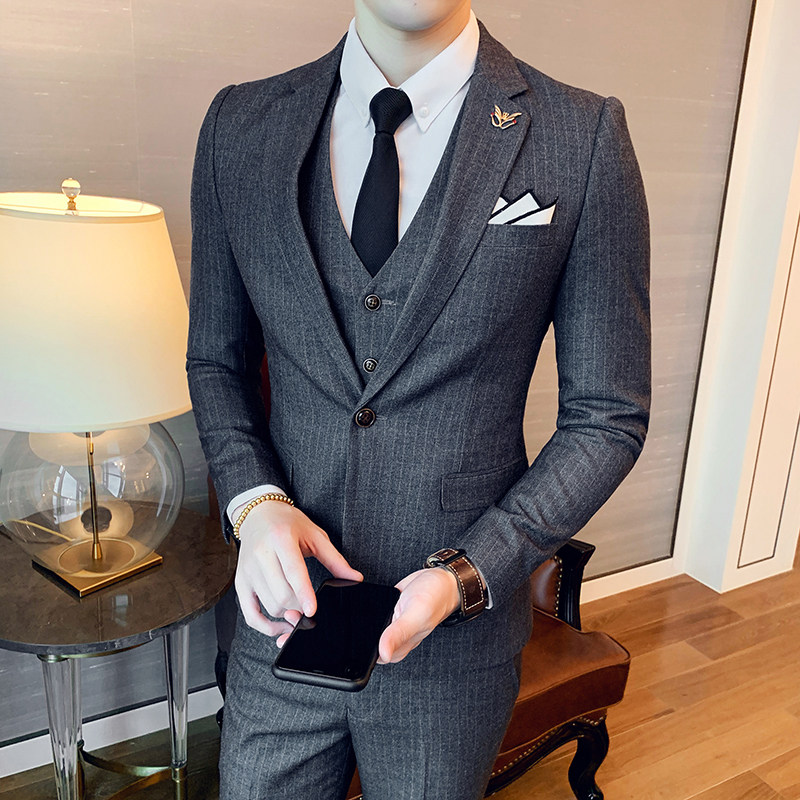 男士暗条纹商务休闲西服三件套英伦修身西装男305A-XF15-P265,男装西服套装,星座507-2（原305A）