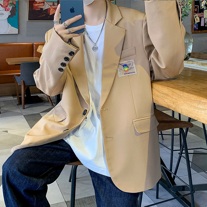 小西服中性风宽松贴标小西装休闲西服西装领纯色青年XF901/图片
