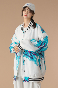 中性情侣 拼接刺绣夹克棒球服外套 潮流 100%聚酯纤维-J图片