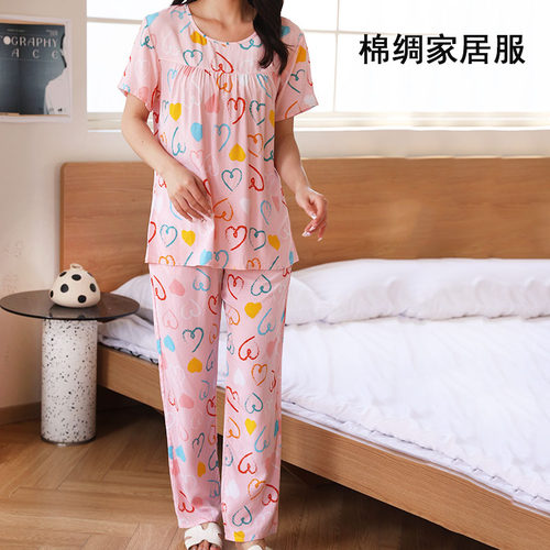 薄软女款棉绸圆领家居服短袖长裤
