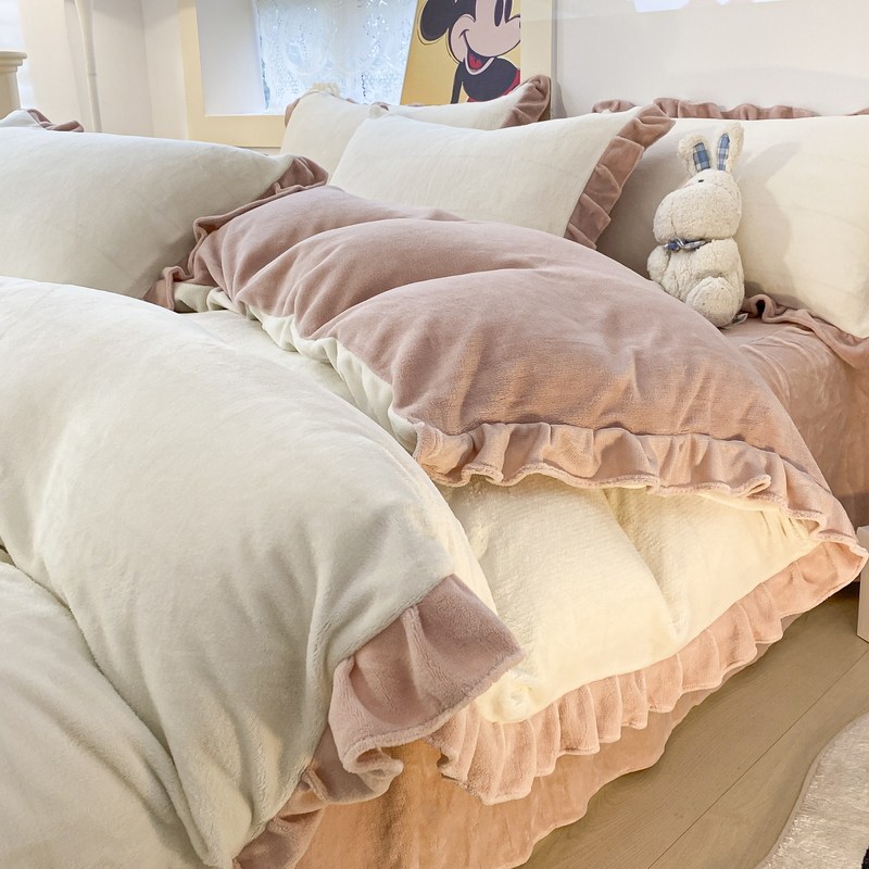 韩版奶油被套四件套加厚保暖牛奶绒珊瑚绒少女宿舍床上三件套冬季