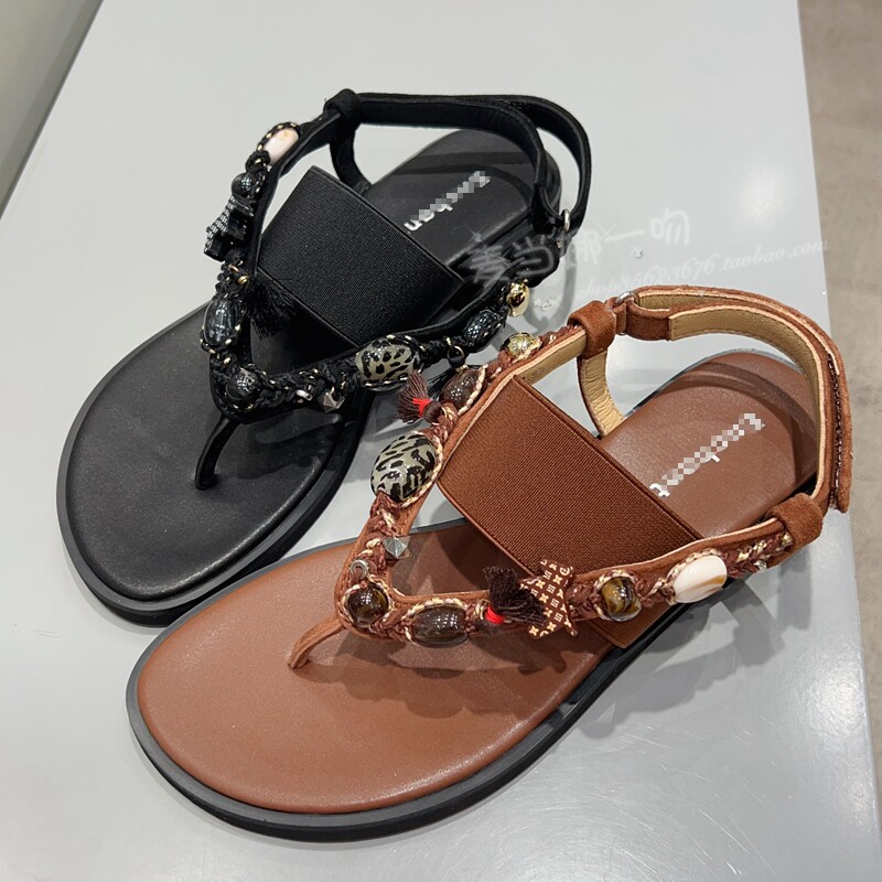 夏季波西米亚真皮串珠夹趾凉鞋女