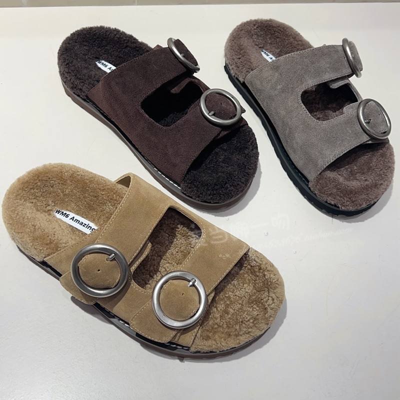 欧洲站2025WM6秋冬牛猄皮羊羔毛时尚皮带扣勃肯露趾懒人拖鞋女,女鞋,一字拖,淘宝优惠券,粉丝福利购,淘宝优惠卷