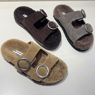 欧洲站WM6牛猄皮羊羔毛时尚皮带扣轻柔软休闲勃肯露趾懒人拖鞋女