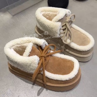 WM6欧洲站冬季牛猄皮羊毛翻边系带超轻费尔岛风厚底保暖雪地靴女