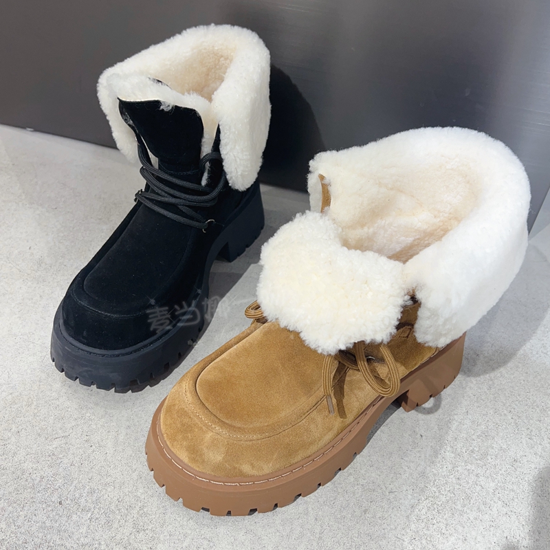 羊毛牛猄皮粗跟翻边两穿雪地女靴