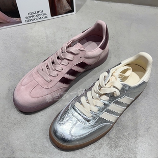 欧洲站2026春新款经典复古风真皮三条杠平底休闲板鞋百搭德训女鞋