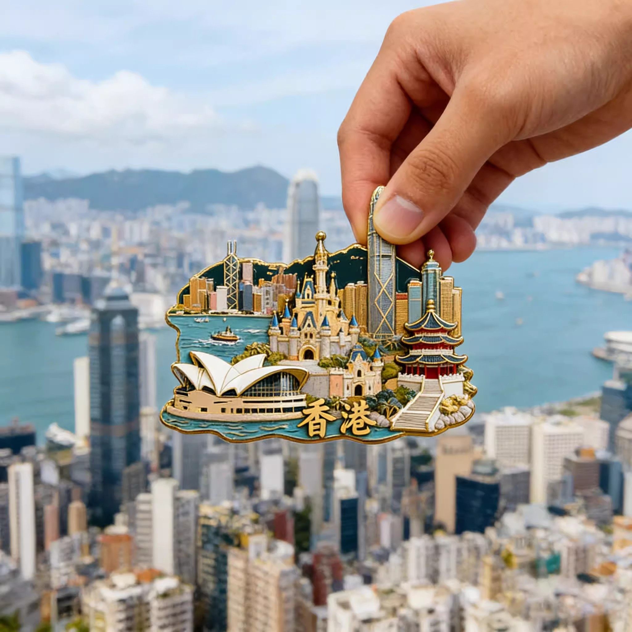香港维多利亚港金属立体冰箱贴文创旅游纪念品徽章摆件送朋友礼物