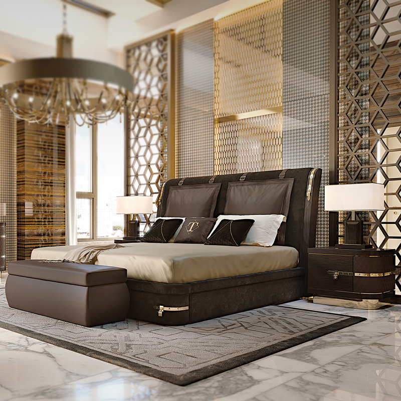 turri意式现代轻奢别墅真皮双人床不锈钢金属主卧床尾凳和床头柜