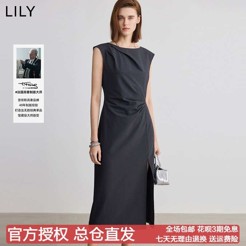 【天裁连衣裙】商场同款LILY2025夏新款赫本风船型领收腰连衣裙女