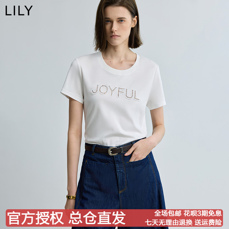 LILY2025秋新款全棉简约字母烫钻休闲圆领通勤白色短袖T恤上衣女