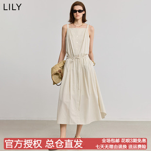 LILY2025夏新款 吊带裙米色连衣裙 女装 度假风条纹方领收腰休闲无袖