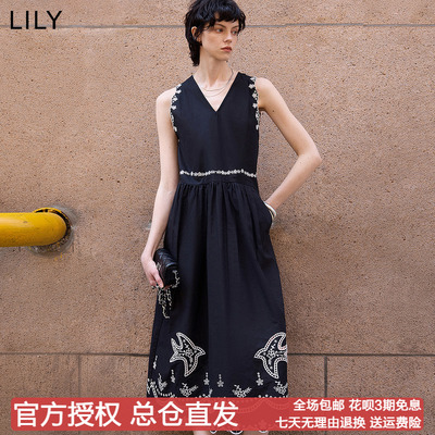 小黑裙LILY2025夏新款女装复古波西米亚风棉麻飞鸟绣花无袖连衣裙
