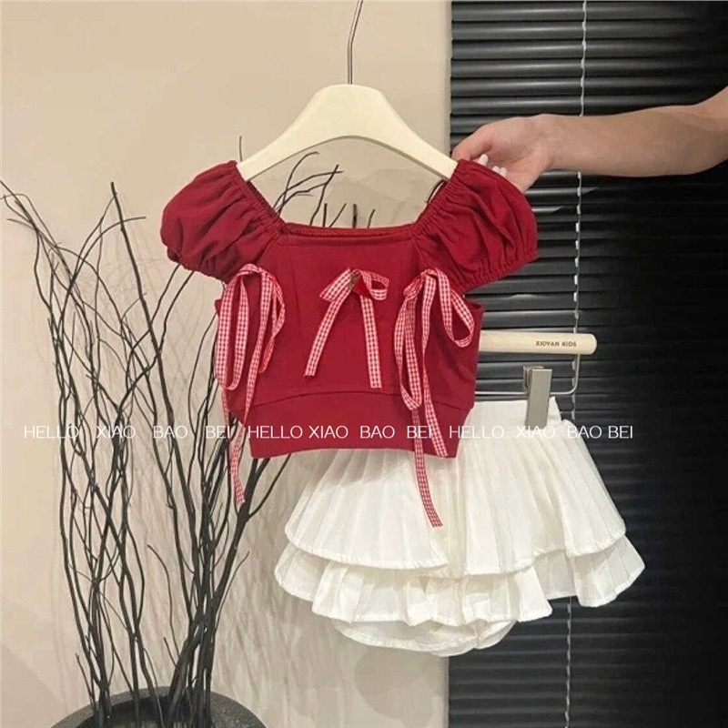 韩国女童2024夏季新款蝴蝶结红色樱桃上衣蛋糕裙套装