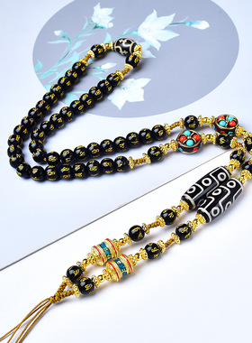 国风藏式天珠唐卡牌项链绳串珠挂脖全珠链古风挂链绳DIY吊坠配链C