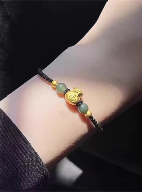 999足金包银福袋手链女转运珠本命年编织红手绳3D硬金福字礼物S