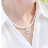 天然海蓝宝吊坠扣珍珠项链925银挂件轻奢小红书网红流行饰品礼物