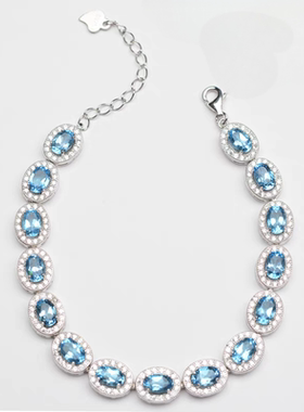 新品轻奢时尚天然托帕石蓝宝手链女银镀18K金手串网红小红书爆款