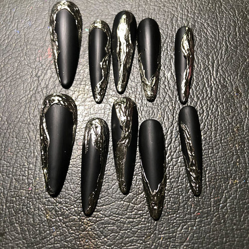 熔银 小女孩穿戴甲暗黑ins欧美个性小众金银色魔镜粉手工光疗甲