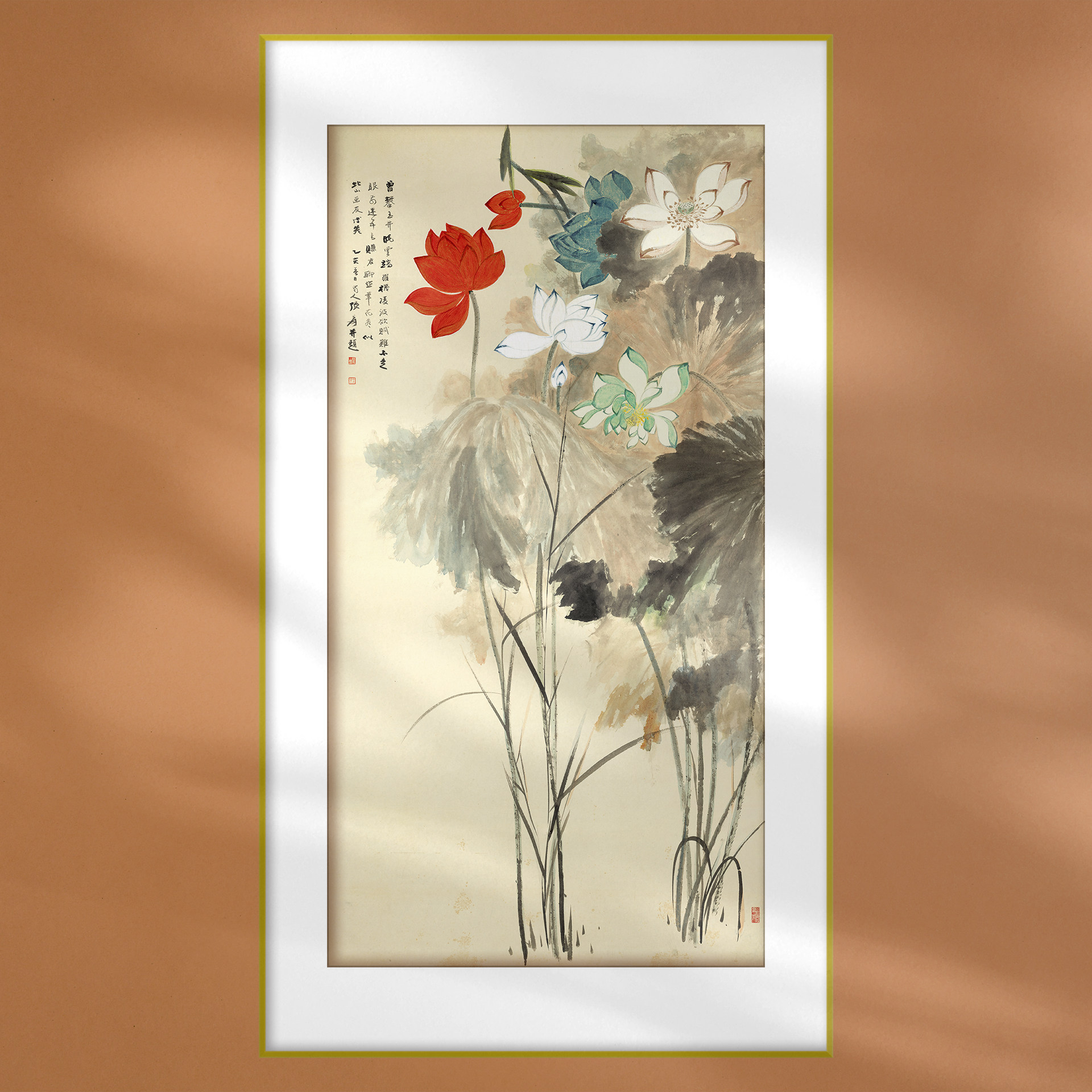 新中式国画书房玄关张大千五色荷花名画复制宣纸打印实木铝合金框